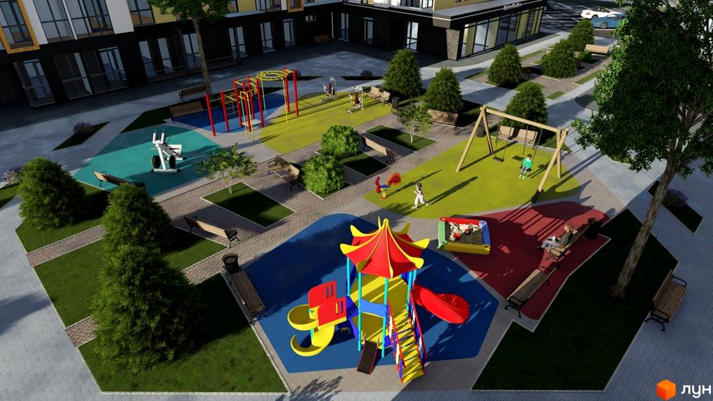 Житловий комплекс U HOME з багатоповерховими будинками. Прибудинкова територія має дитячий та спортивний майданчики, лавки та зелені насадження.