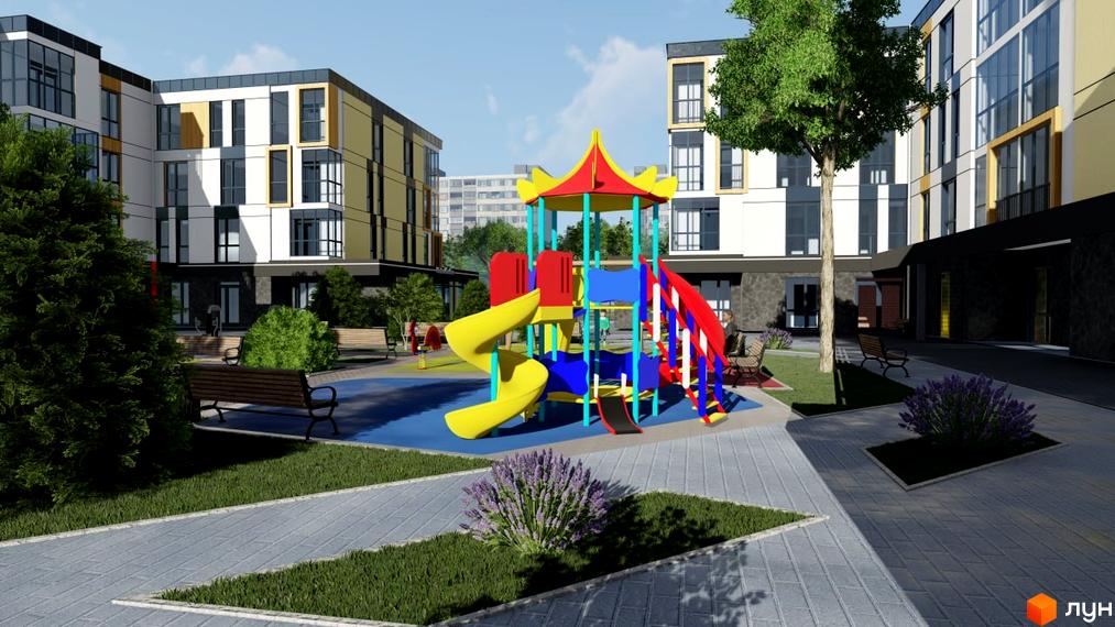 Житловий комплекс U HOME з багатоповерховими будинками білого, чорного та жовтого кольорів. На прибудинковій території розташований яскравий дитячий майданчик, доріжки та зелені насадження.