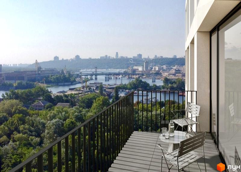 БФК SVITOGLYAD: вид з балкона на річку та місто. Сучасний житловий комплекс з панорамними вікнами та зручними балконами.