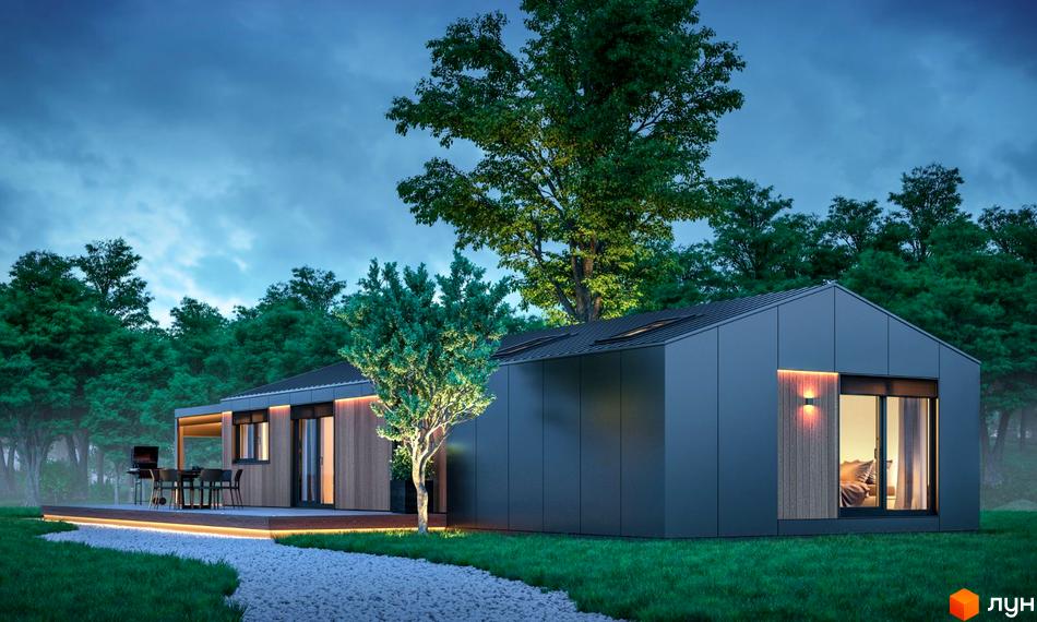 Котеджне містечко КМ Module House: одноповерховий будинок з дерев'яними та сірими панелями, великими вікнами, терасою з зоною барбекю, оточений деревами.