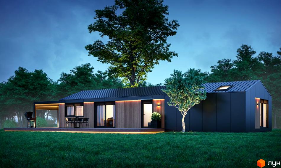Котеджне містечко КМ Module House – одноповерховий будинок з дерев'яними та темними фасадами, великими вікнами, розташований на зеленій галявині біля лісу.