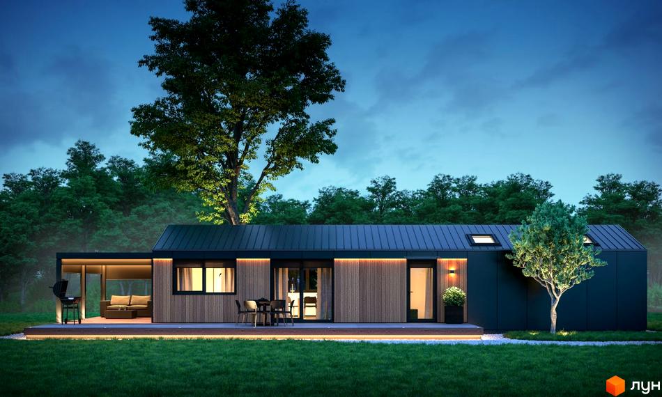 Котеджне містечко Module House з дерев'яною обшивкою та великими вікнами, розташоване на зеленій галявині біля лісу.