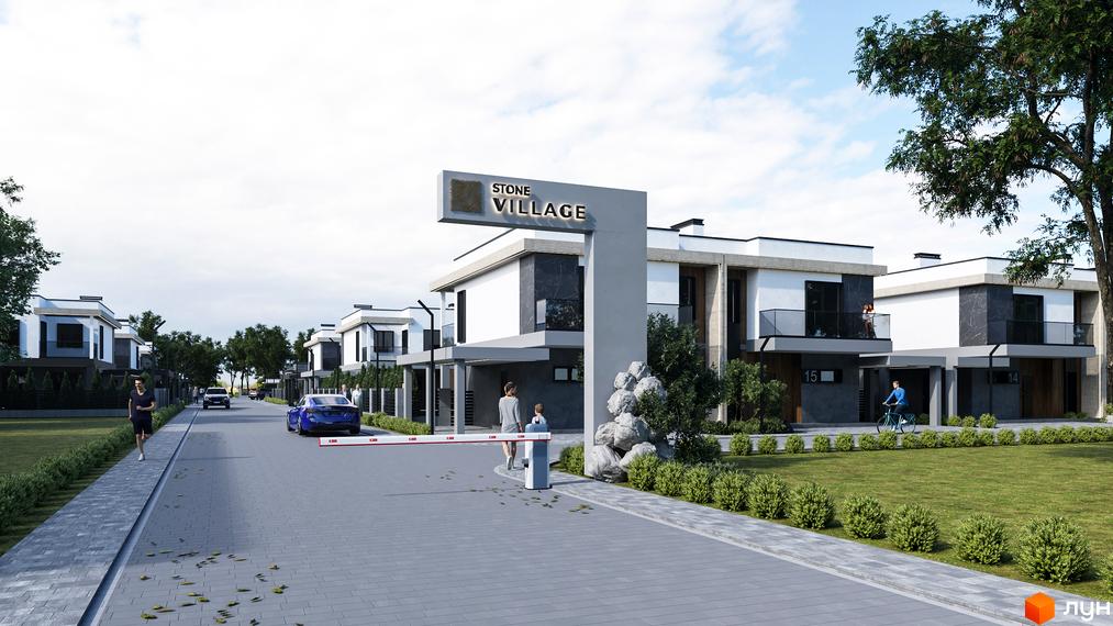 Зображення Котеджного містечка Stone Village з двоповерховими будинками та озелененою територією. Вигляд на в'їзд до комплексу.