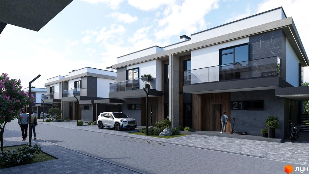 Котеджне містечко КМ Stone Village: фасади будинків з сірим мармуром та скляними балконами, прибудинкова територія з бруківкою та деревами.