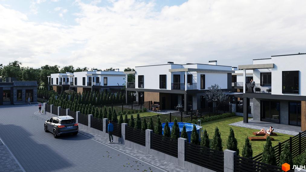 КМ Stone Village: зовнішній вигляд будинків та прибудинкова територія з басейном та зеленими насадженнями.