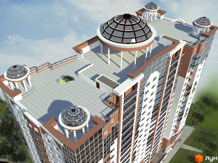 Житловий комплекс Будинок із Ротондами з оглядового ракурсу. На даху розташовані куполи, прибудинкова територія озеленена.