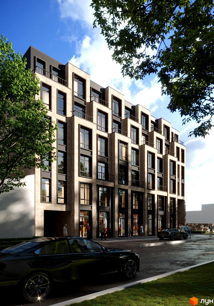 Зовнішній вигляд житлового комплексу Family Space з кам'яним фасадом та великими вікнами, на тлі блакитного неба та зелені. На передньому плані чорний автомобіль.