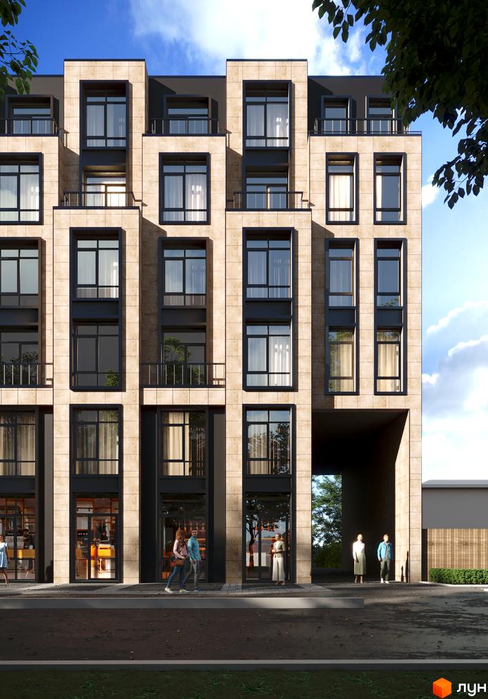 Зовнішній вигляд будинку ЖК Family Space з світлою фасадною плиткою та великими вікнами. Перед будинком розташована прибудинкова територія з тротуаром та дорогою.