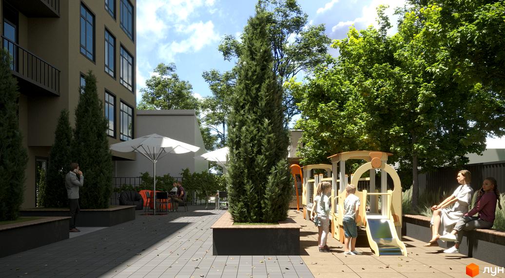 Житловий комплекс Family Space з дитячим майданчиком та місцями для відпочинку. Зелена територія з деревами та зонами для дозвілля.