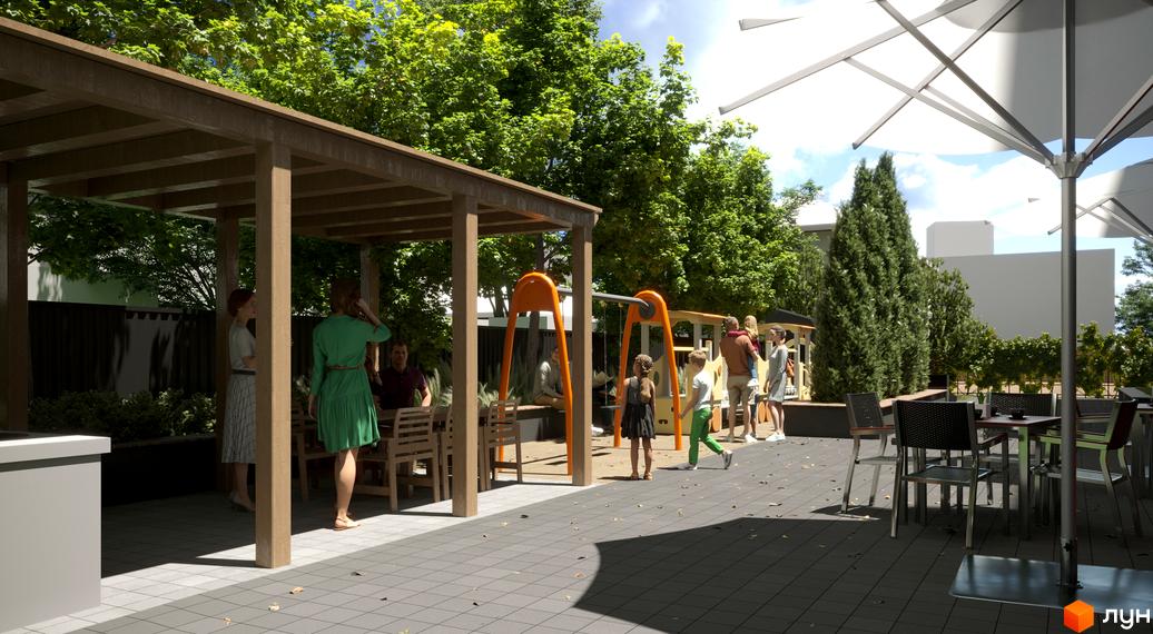 Житловий комплекс Family Space з дитячим майданчиком та зоною відпочинку на відкритому повітрі. Сучасна новобудова з озелененою територією та місцями для сімейного дозвілля.