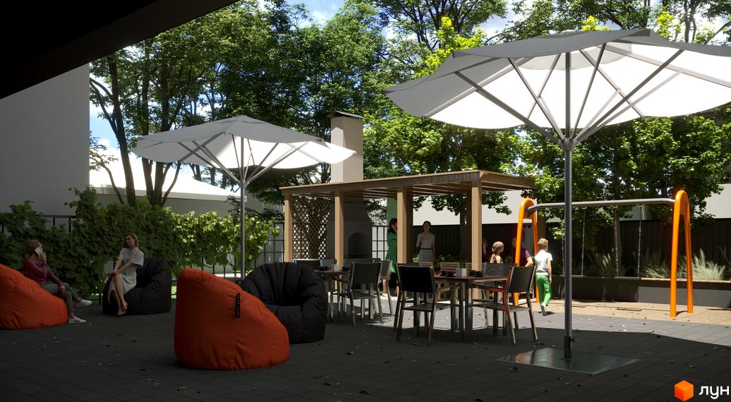 Житловий комплекс Family Space: затишна прибудинкова територія з альтанкою, місцями для відпочинку та дитячим майданчиком.