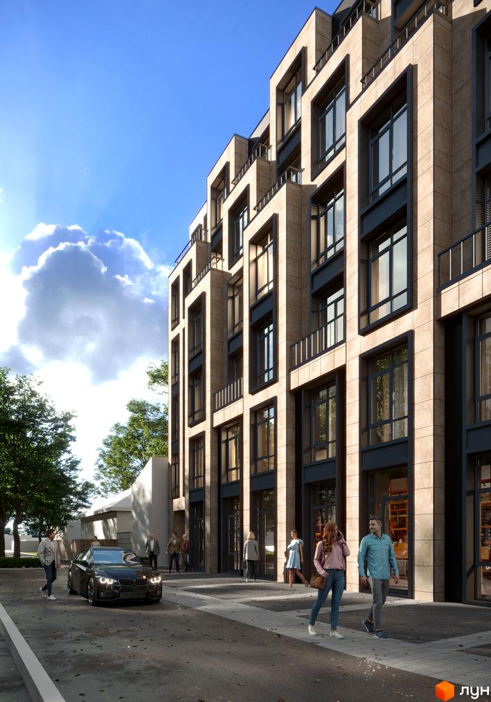 Зовнішній вигляд житлового комплексу Family Space з кам'яним фасадом та великими вікнами. Поруч розташована прибудинкова територія з деревами та людьми.