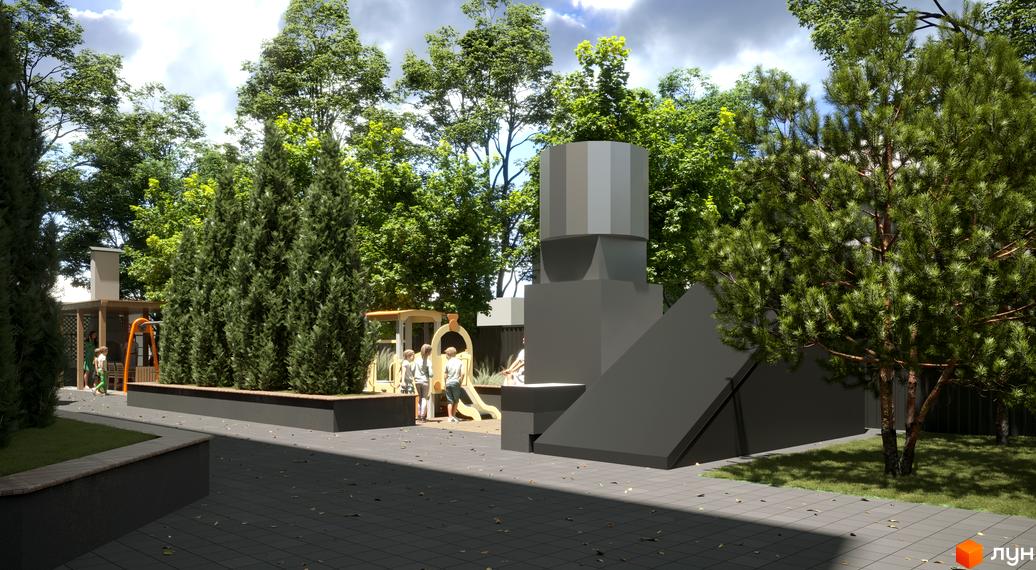 Житловий комплекс Family Space з дитячим майданчиком та зеленими насадженнями. Сучасна архітектура та доглянута прибудинкова територія.