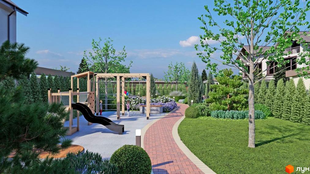 Котеджне містечко Vita Energy residence: дитячий майданчик та зелена зона біля будинку. Озеленена прибудинкова територія з елементами ландшафтного дизайну.