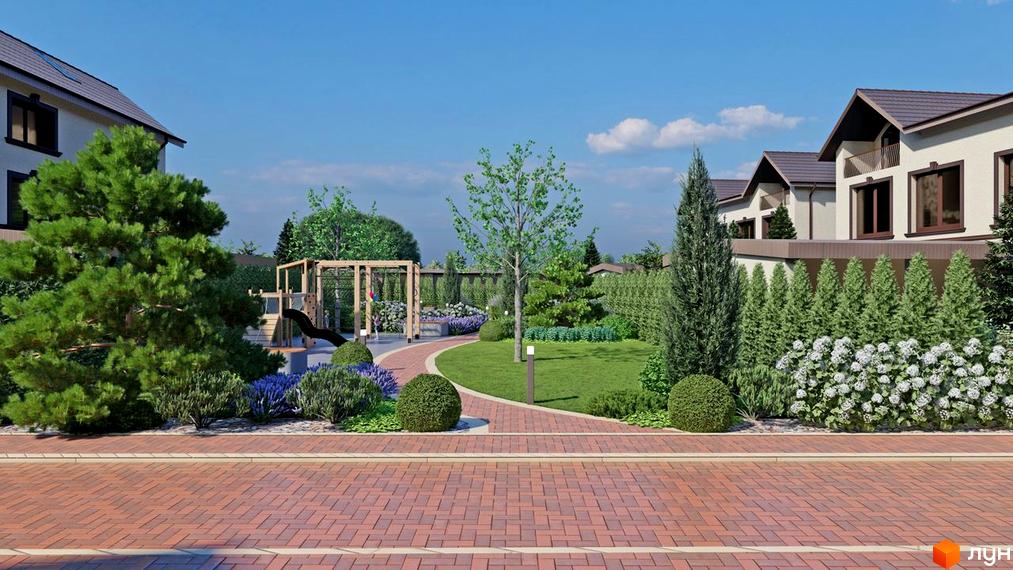 Зовнішній вигляд котеджного містечка КМ Vita Energy residence з дитячим майданчиком та озелененою територією. Сучасні будинки оточені доглянутими зеленими насадженнями та квітковими клумбами.