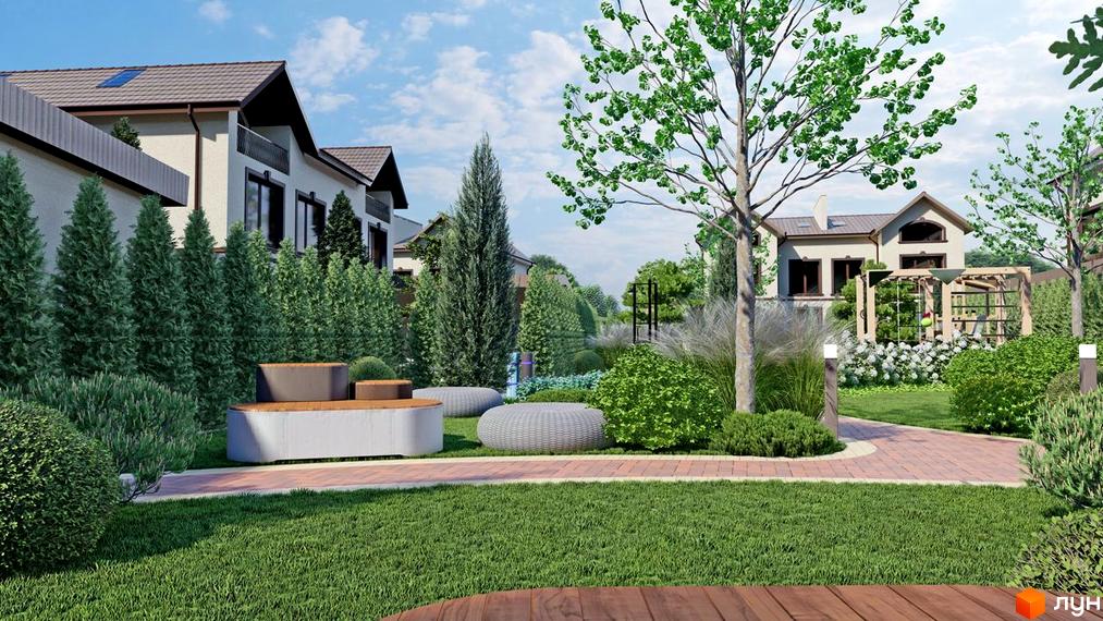 Зовнішній вигляд будинків котеджного містечка КМ Vita Energy residence з доглянутою прибудинковою територією та зеленими насадженнями. Сучасний ландшафтний дизайн створює затишну атмосферу для мешканців.