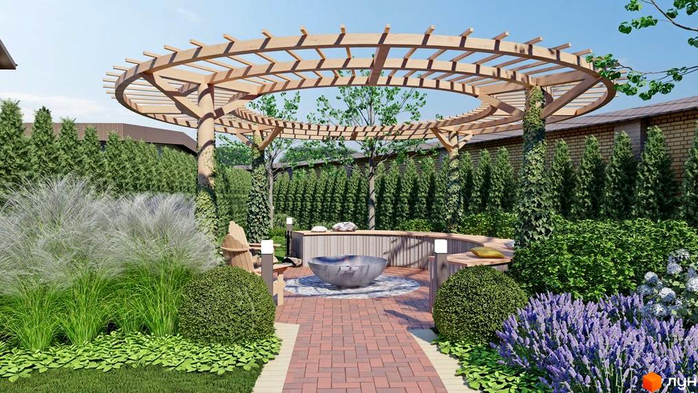 КМ Vita Energy residence: затишна зона відпочинку з перголою та ландшафтним дизайном. Насолоджуйтесь відпочинком на свіжому повітрі біля вогнища.