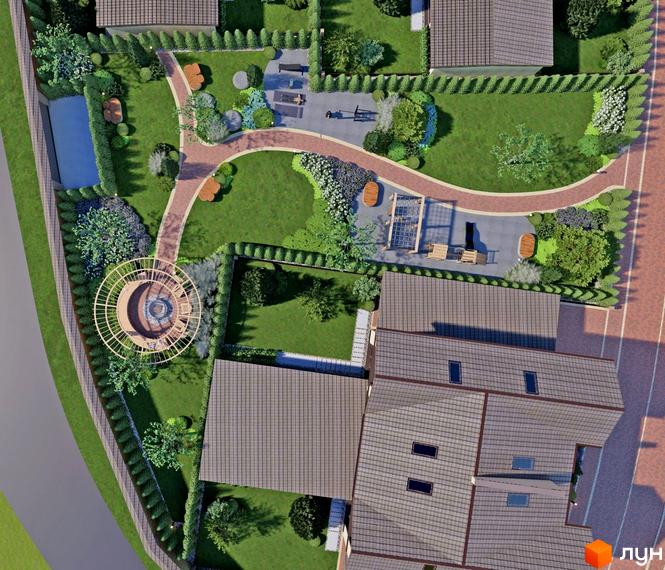Котеджне містечко КМ Vita Energy residence з доглянутою прибудинковою територією, зонами відпочинку та зеленими насадженнями.