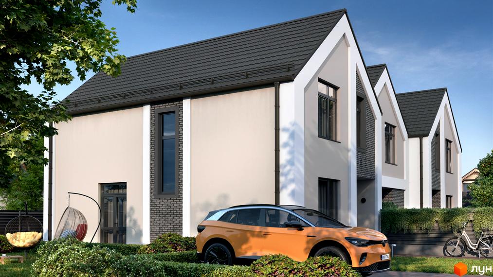 Котеджне містечко КМ Expanse: фасади будинків з темним дахом та світлими стінами, вікна, прибудинкова територія з автомобілем та зеленню.