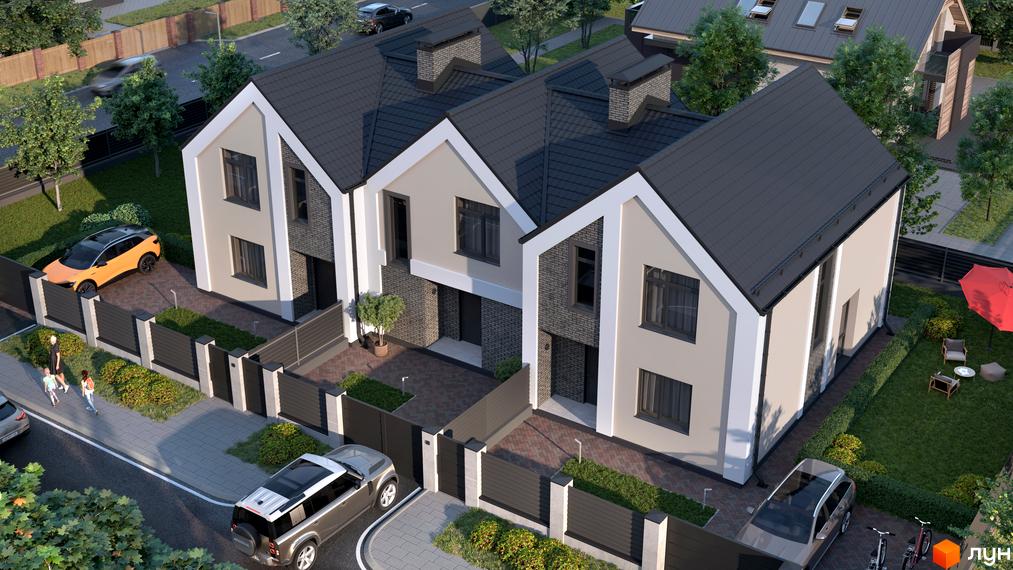 Котеджне містечко КМ Expanse: триповерхові будинки з сірим дахом та світлими фасадами, огороджена територія з парканом, доглянутий двір з газоном та деревами.