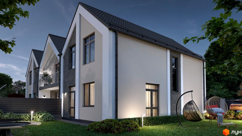 Котеджне містечко Expanse: двоповерхові будинки з темним дахом та світлими фасадами, прибудинкова територія з газоном, кущами та підвісними кріслами.