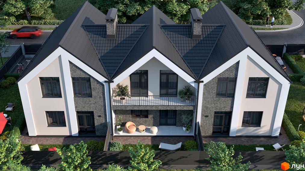 Зовнішній вигляд триповерхових будинків котеджного містечка КМ Expanse з сірою цегляною кладкою та білими фасадами, прибудинкова територія з зеленими насадженнями та місцями для відпочинку.