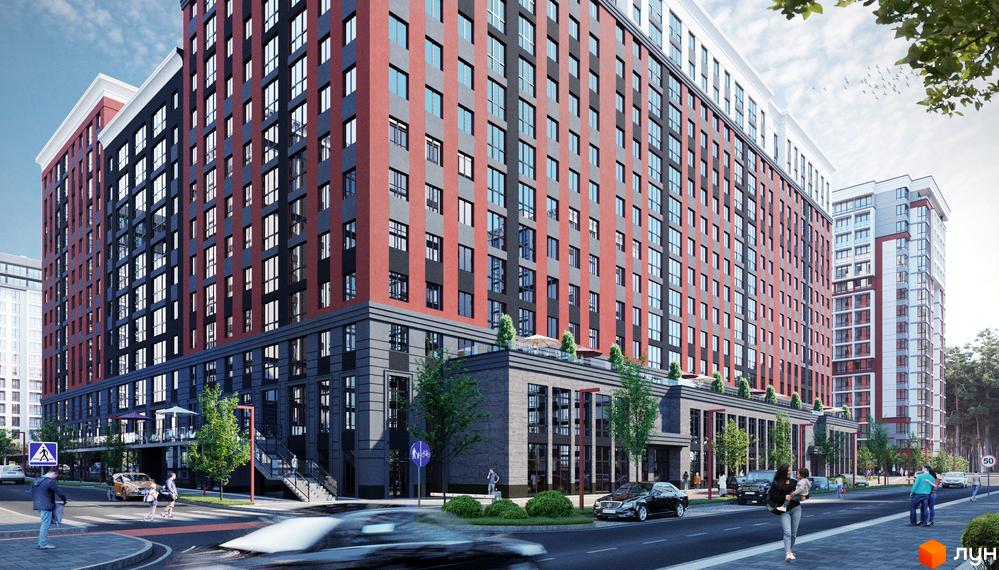 Житловий комплекс Irpin City. Висотна будівля з червоно-сірим фасадом. На першому поверсі розташовані комерційні приміщення, перед будинком тротуар та проїжджа частина.