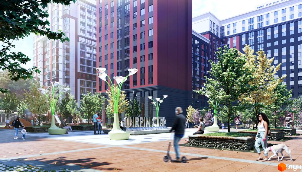 Житловий комплекс Irpin City з фасадами в червоних та сірих тонах. На території комплексу розташовані зелені зони, лавки та декоративні елементи.