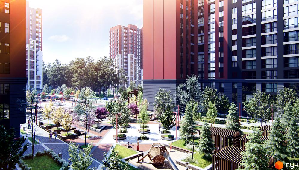 Житловий комплекс Irpin City з висотними будинками та благоустроєною прибудинковою територією. На території комплексу є дитячий майданчик та зелені зони для відпочинку.