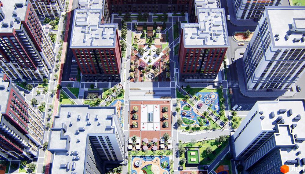 Вид зверху на житловий комплекс Irpin City з червоно-чорними фасадами та внутрішнім двором з зеленими зонами та дитячими майданчиками. Огляд території новобудови.