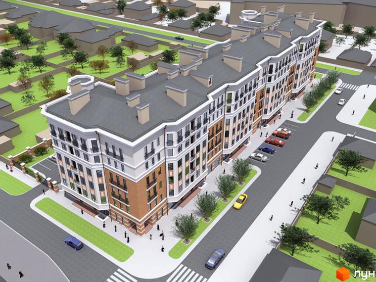 Житловий комплекс На Бакуліна з сучасною архітектурою та прибудинковою територією, що включає зелені зони та дороги.