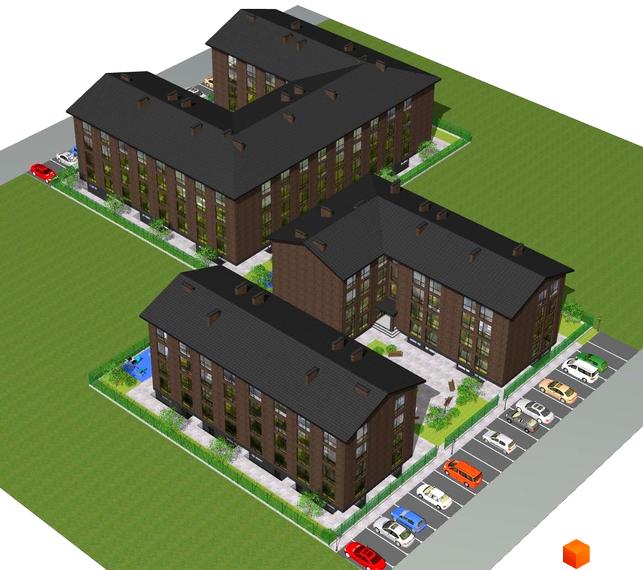 Житловий комплекс Моя Баварія з цегляним фасадом та темним дахом, з прибудинковою територією, що включає паркінг та зелені зони.