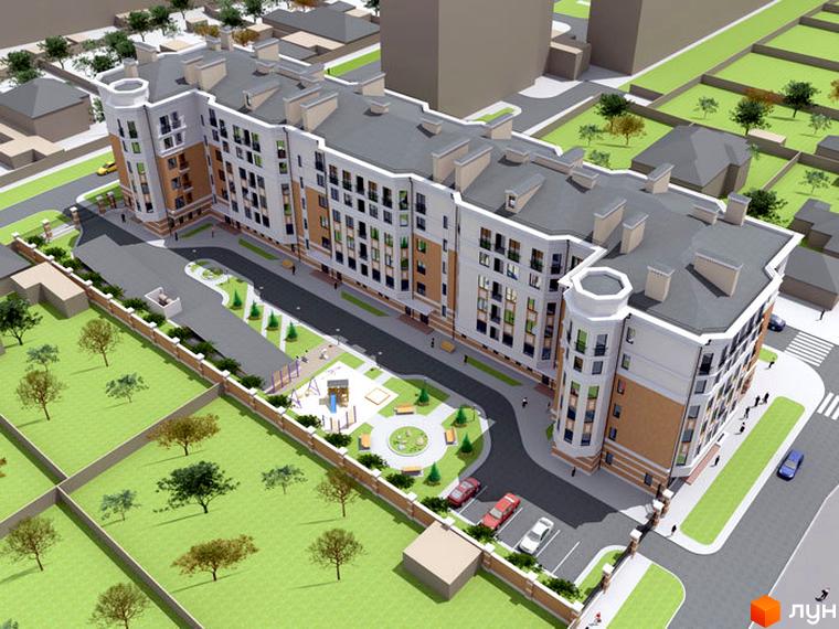 Житловий комплекс На Бакуліна з сучасною архітектурою та прибудинковою територією, озелененою газонами та дитячими майданчиками.