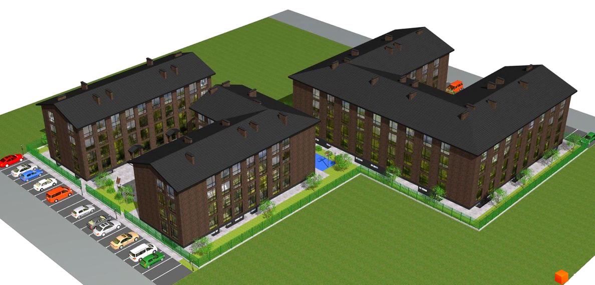 Зображення житлового комплексу Моя Баварія з фасадом з цегли та великими вікнами. На території є парковка, зелені насадження та дитячий майданчик.