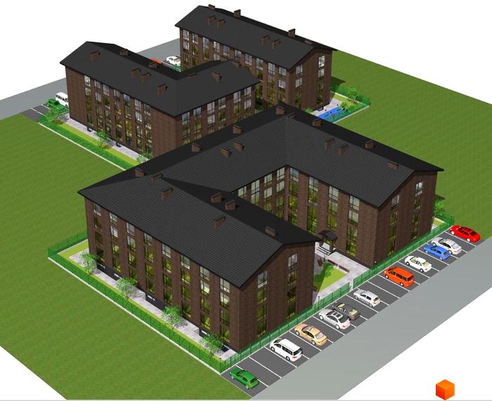 Зображення Житлового комплексу Моя Баварія з фасадом з коричневої цегли та дахом з чорної черепиці. Навколо будинку зелена галявина та парковка.