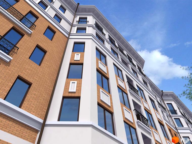 Фасад житлового комплексу ЖК На Бакуліна з цегляними та білими елементами, великими вікнами та балконами на тлі блакитного неба. Комплекс має багатоповерхову забудову.