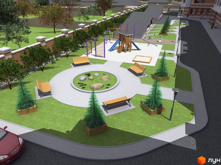 Житловий комплекс На Бакуліна: дитячий майданчик з гіркою та пісочницею, лавки та зелені насадження біля будинку. Територія для відпочинку та ігор.