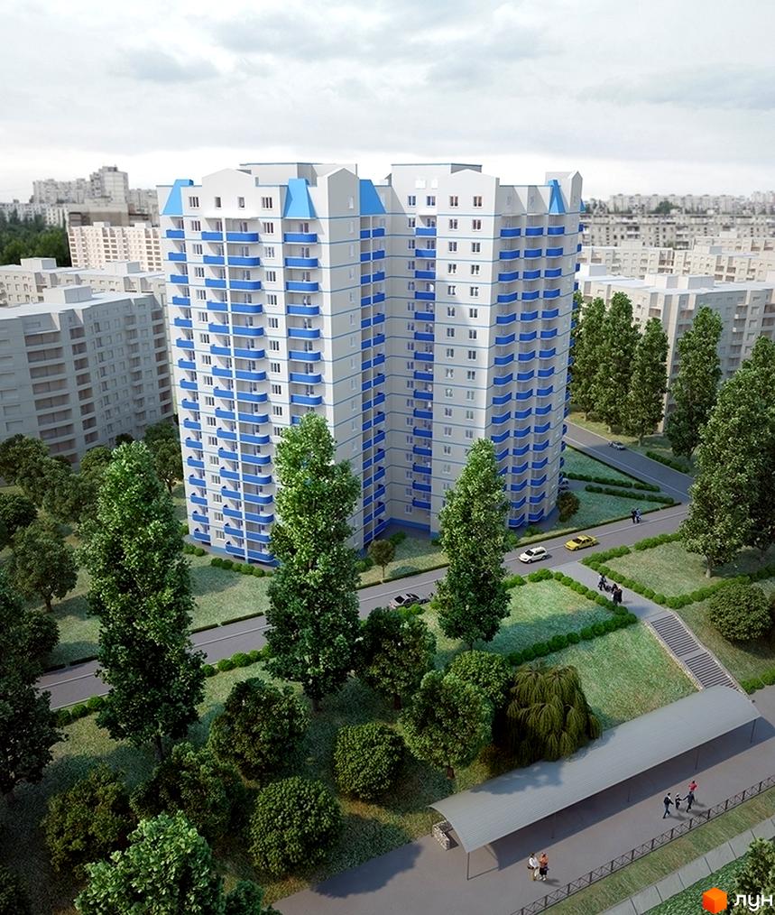 Житловий комплекс ЖД Родники з сучасним фасадом та прибудинковою територією, оточений зеленими насадженнями.