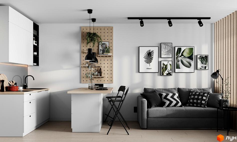 Інтер'єр квартири в Житловому комплексі Standard One Obolon. На фото: кухня, обідня зона та зона відпочинку з диваном.