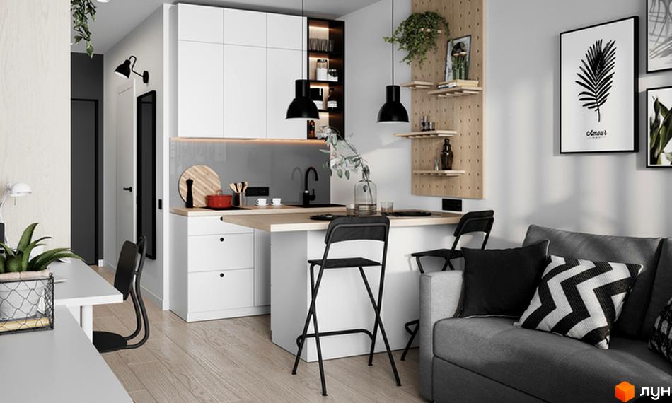 Інтер'єр квартири в Новобудові Standard One Obolon: кухня з барною стійкою, диван та декор. Світлий дизайн з акцентом на чорні деталі.