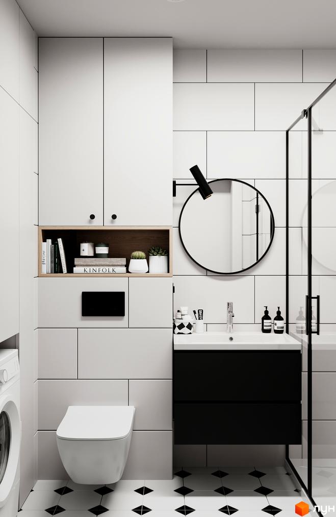 Інтер'єр ванної кімнати в Житловому комплексі Standard One Obolon з білою плиткою, чорною тумбою та круглим дзеркалом.