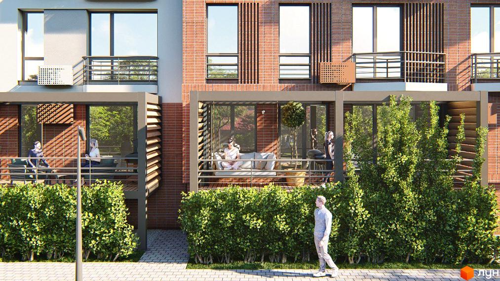 Зовнішній вигляд новобудови ЖК РЕМ з балконами та зеленими зонами. На прибудинковій території розташовані дерева та кущі.