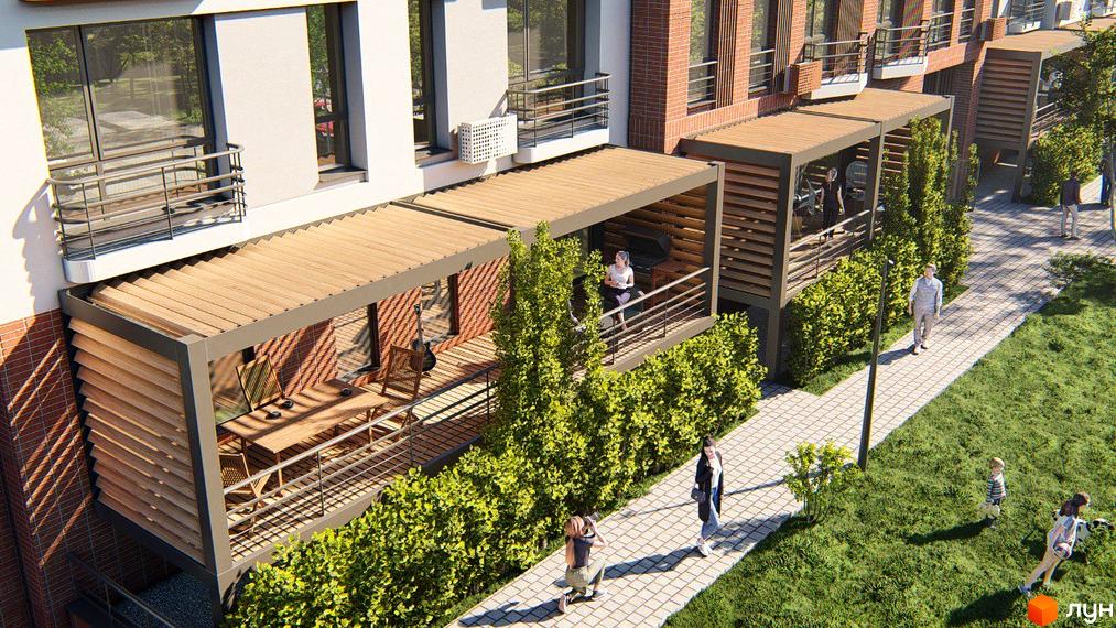 Житловий комплекс РЕМ: багатоквартирний будинок з цегляними фасадами та терасами з дерев'яними перголами. Навколо доріжки та зелені насадження.