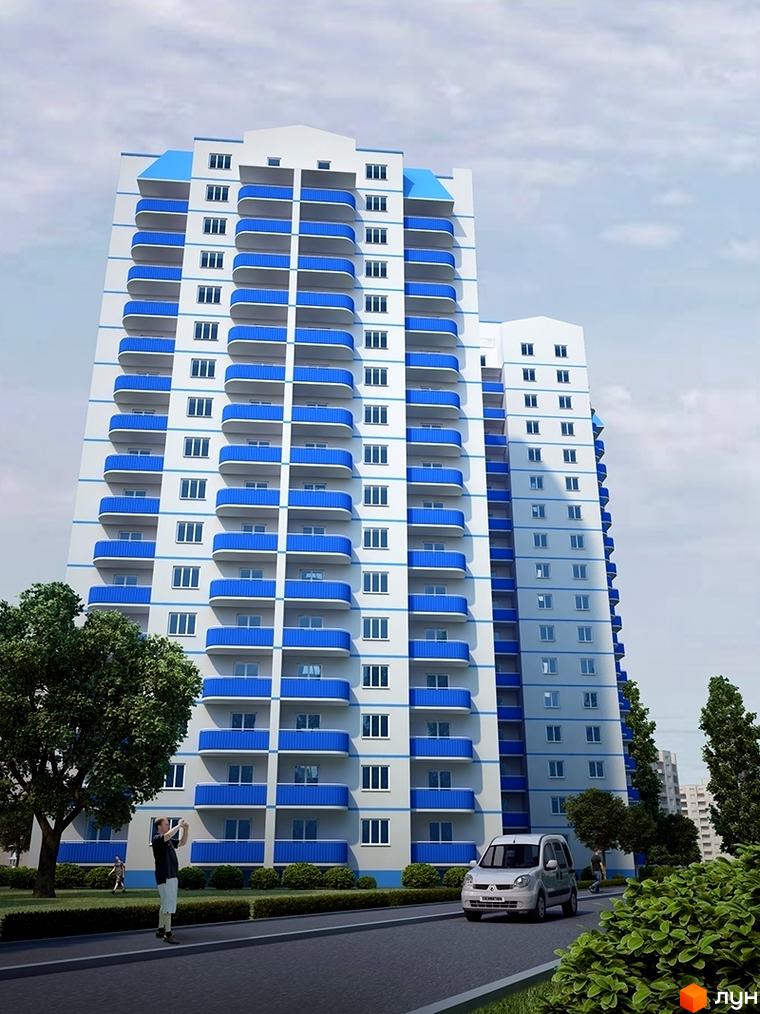 Житловий комплекс Родники. Багатоповерховий будинок з синіми балконами та білими стінами. Навколо будинку зелені дерева та кущі, а також дорога з автомобілем.