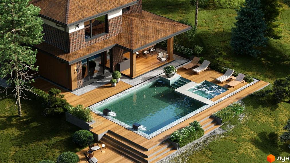 Котеджне містечко КМ Вітаград. Будинок з цегляним фасадом та коричневим дахом, поруч басейн з зоною відпочинку та зелений газон.