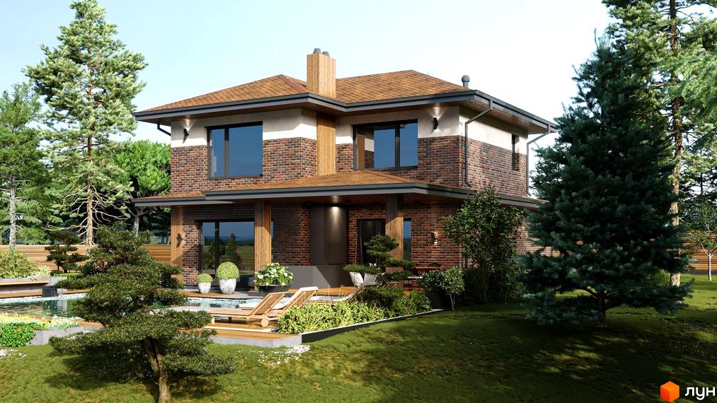 Котеджне містечко Вітаград: двоповерховий будинок з цегляним фасадом, великими вікнами та терасою. На прибудинковій території розташований басейн, шезлонги та зелені насадження.