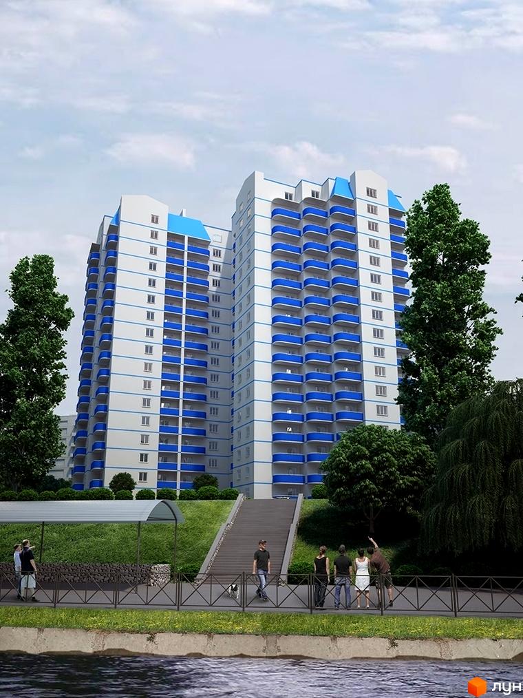 Житловий комплекс ЖД Родники - це висотна новобудова з синіми балконами та білою фасадою. Прибудинкова територія включає зелену зону, сходи та набережну з людьми.