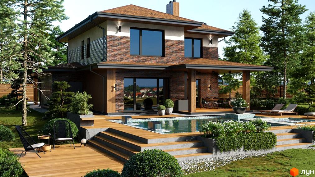 Котеджне містечко КМ Вітаград. Сучасний двоповерховий будинок з цегляним фасадом, великими вікнами та терасою біля басейну. Навколо будинку доглянута прибудинкова територія з зеленими насадженнями та зонами відпочинку.