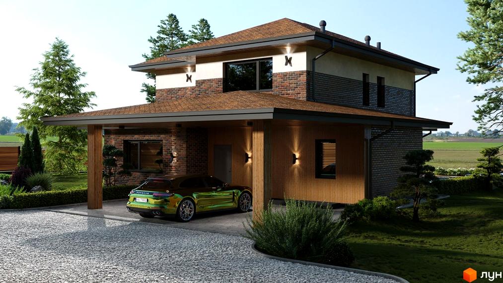 Котеджне містечко Вітаград: двоповерховий будинок з цегляним та дерев'яним оздобленням, навісом для авто та доглянутою прибудинковою територією з газоном і деревами.