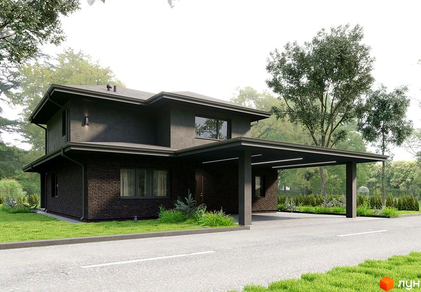 Котеджне містечко КМ Вітаград: двоповерховий будинок з темної цегли та навісом для авто. Прибудинкова територія з газоном та деревами.